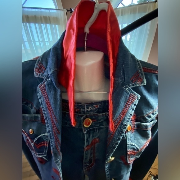 JOHNNY Girl" Western Denim Jacket and Pants Set Red stitch graphic logo - Picture 16 of 16